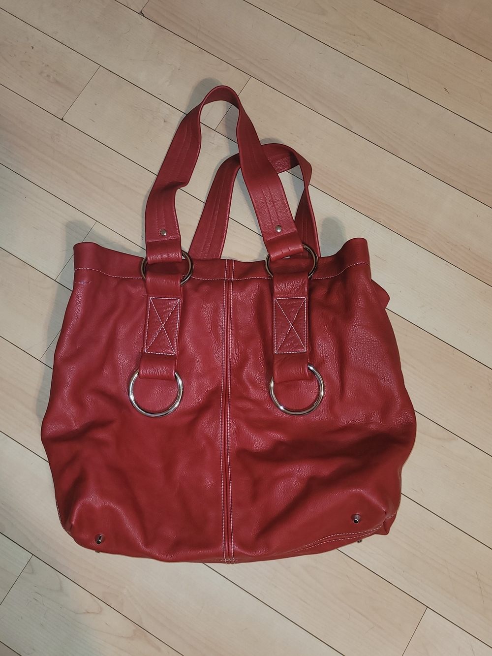 Red Leather Tote with Ring Strap Accents